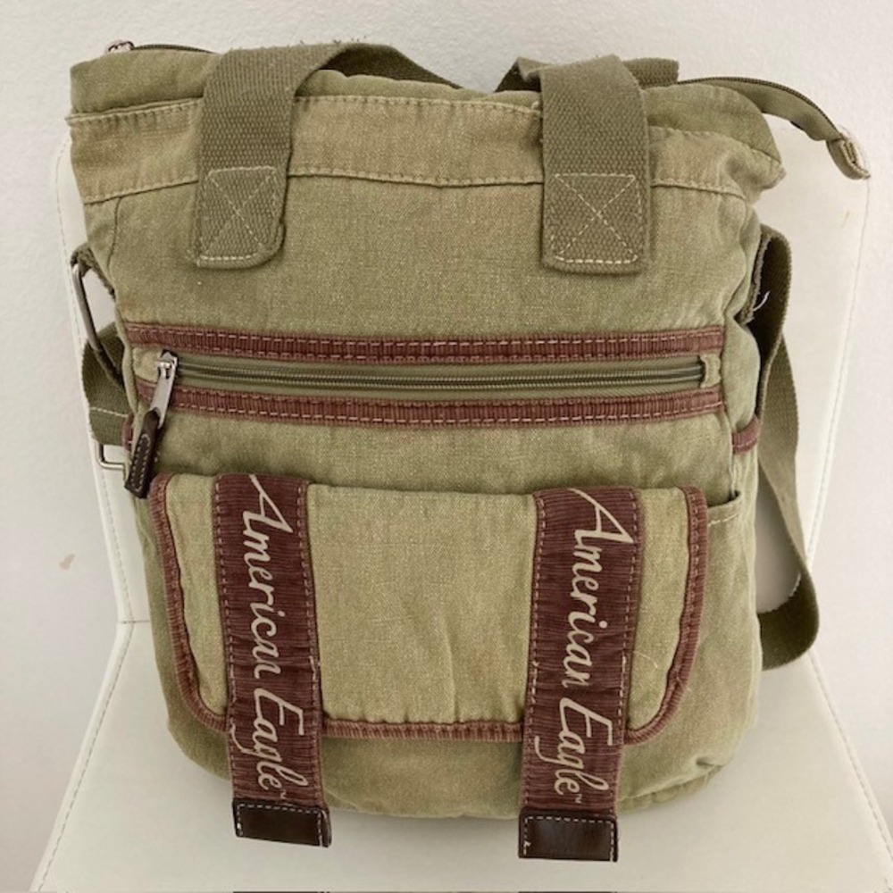 American Eagle Canvas Cross Body Bag Beige Green